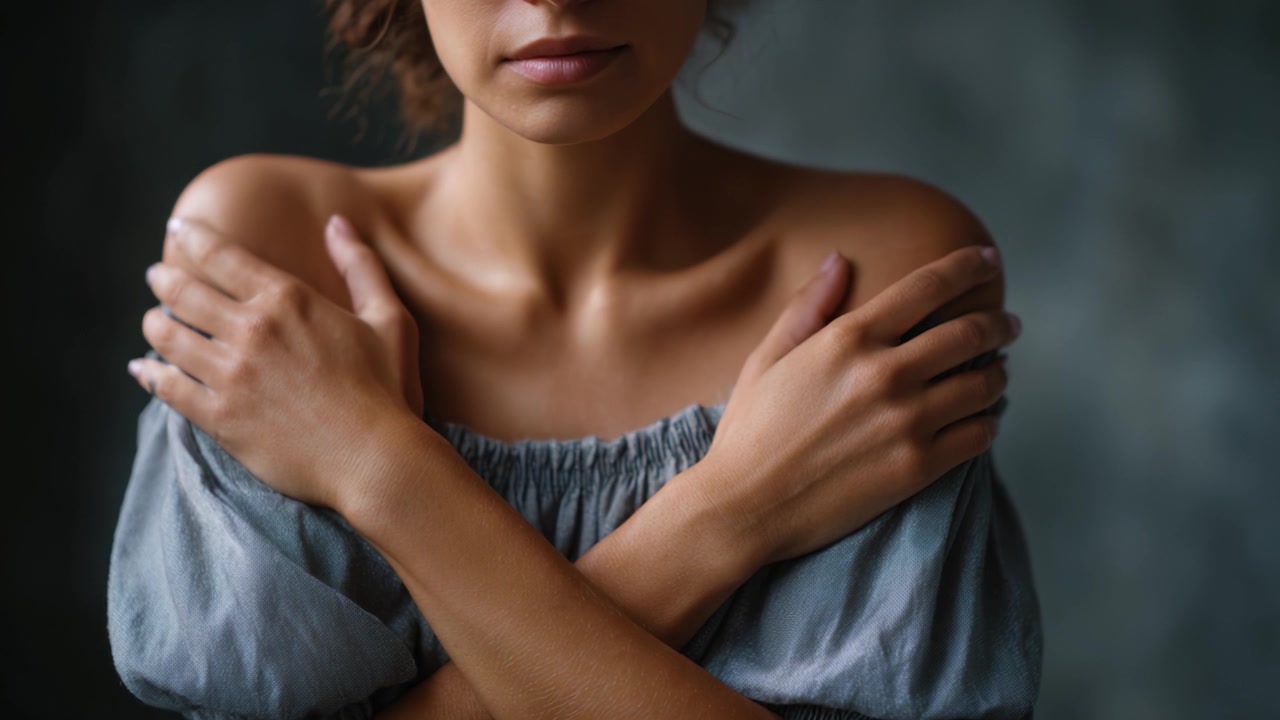 Intimate Portrait of a Woman with Crossed Arms, Showcasing Emotional Vulnerability and Natural Beauty in a Softly Lit Setting with a Subtle Background