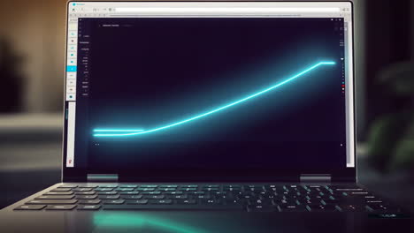 laptop displaying a glowing blue data graph showing growth