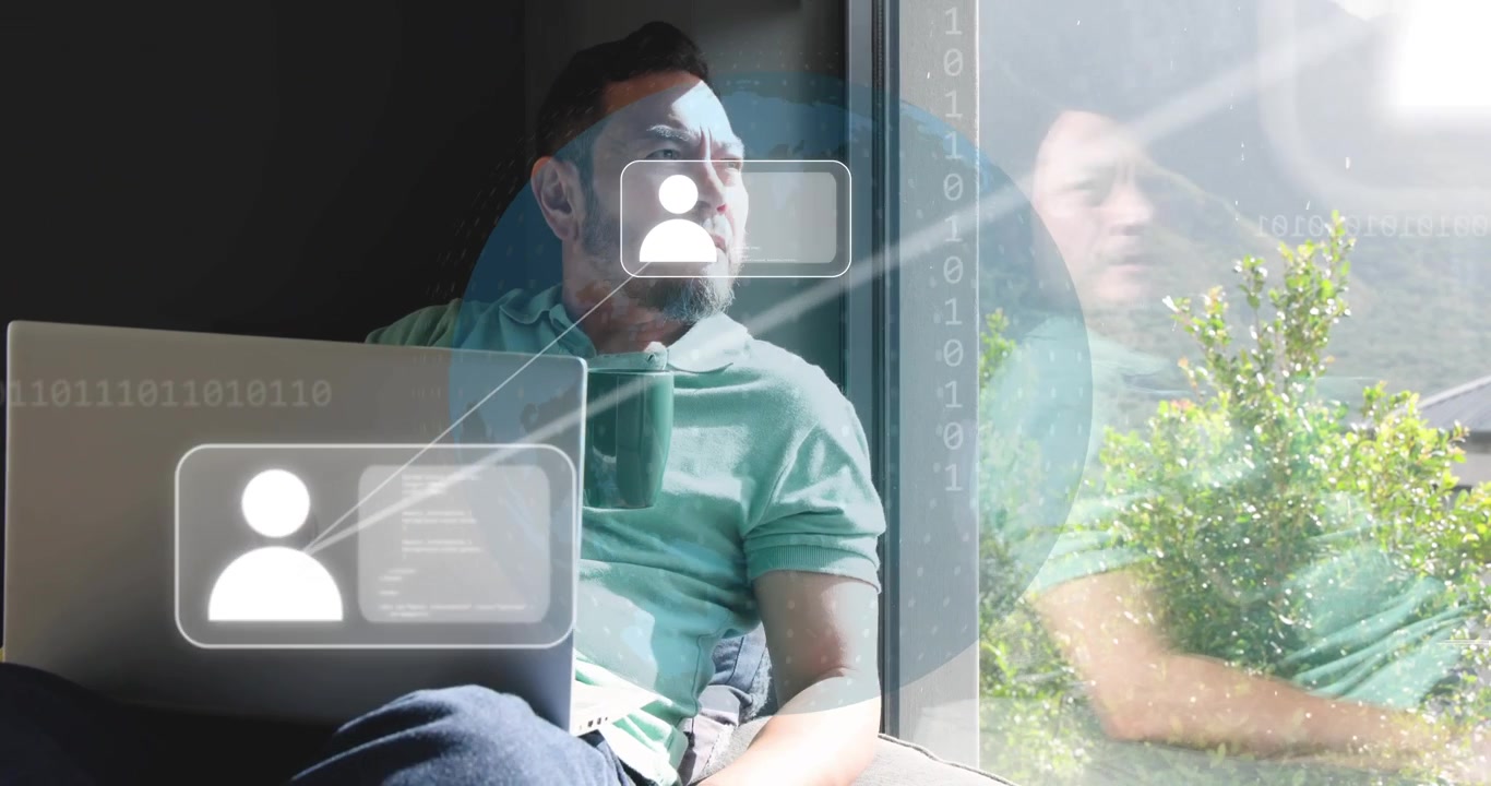 Tech coder by window typing and sipping coffee generating user icons linking code into global grid