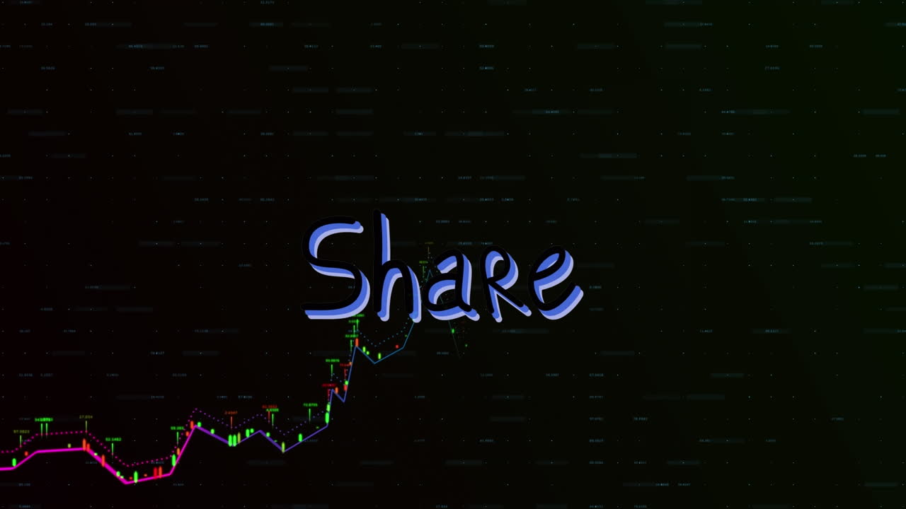 Animation of share text and data processing on black background