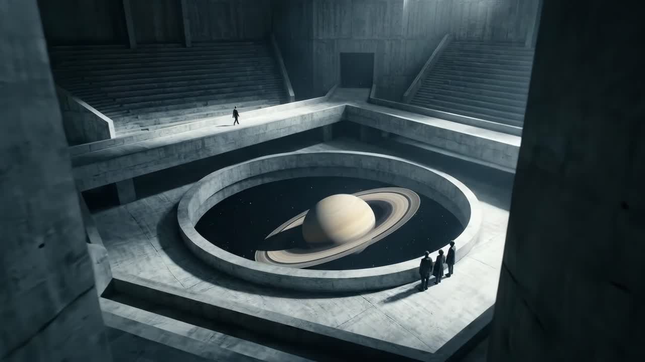 Observers Gaze at a Saturn Model in a Brutalist Structure