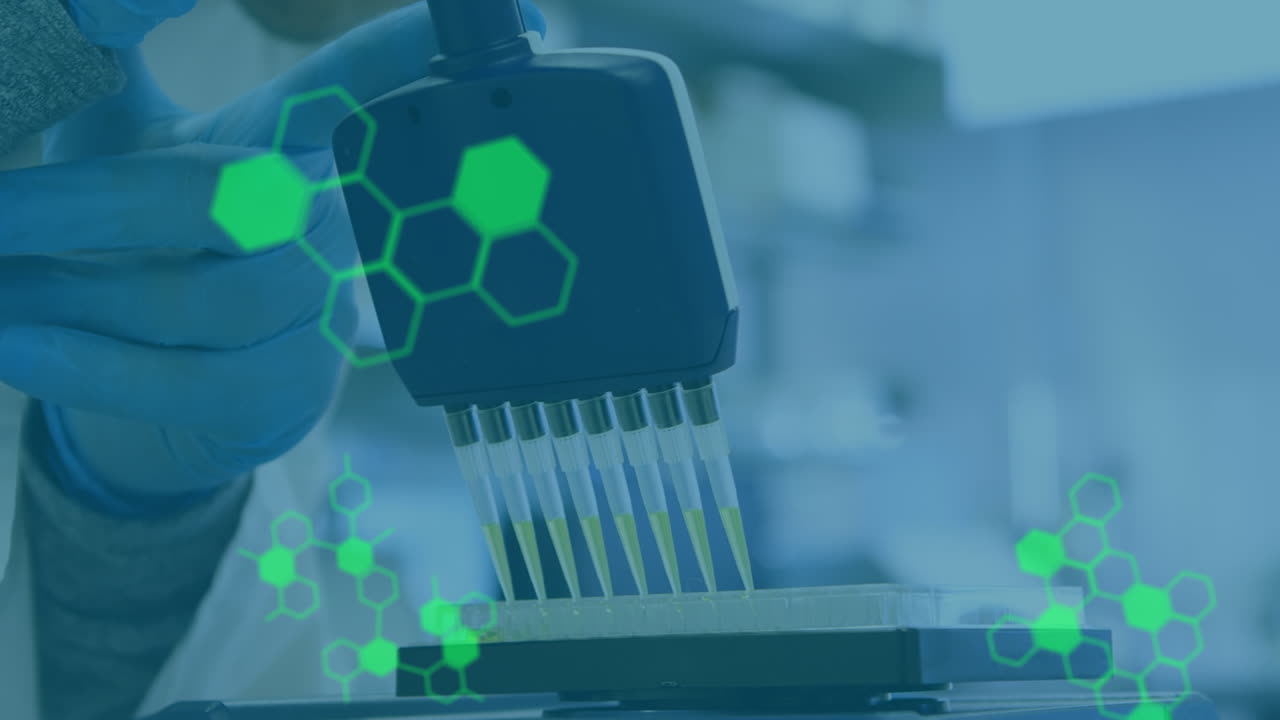 Animation of data processing over doctor with test tubes