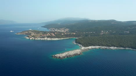 aerial wide panorama view picturesque white rocky beach, kefalonia island, greece