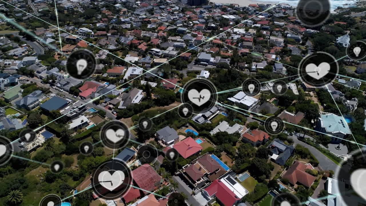 animación de la red de conexiones con iconos sobre el paisaje urbano