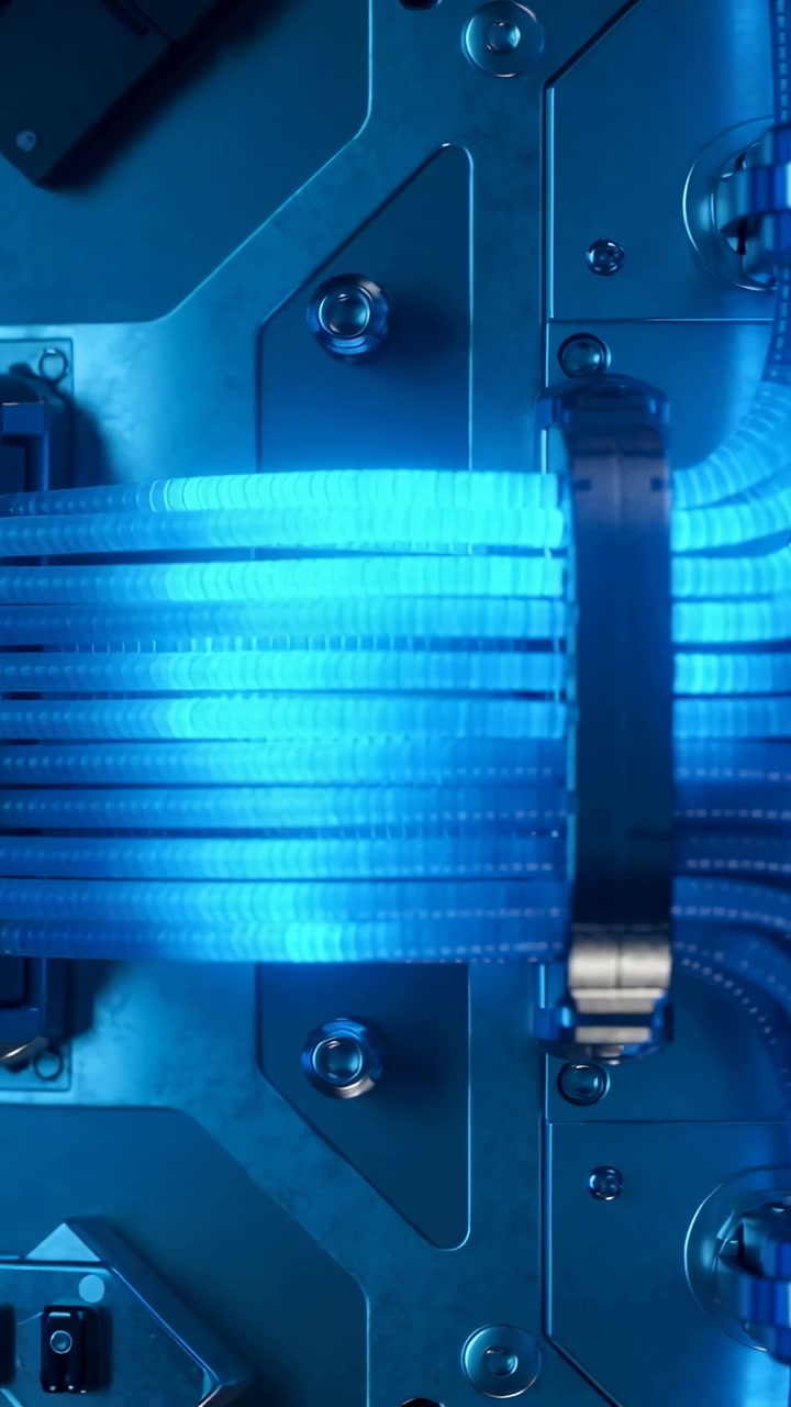 Video vertical: Cámara haciendo un paneo de cables LED curvándose más allá de las abrazaderas del chasis para un enrutamiento ordenado en el conector