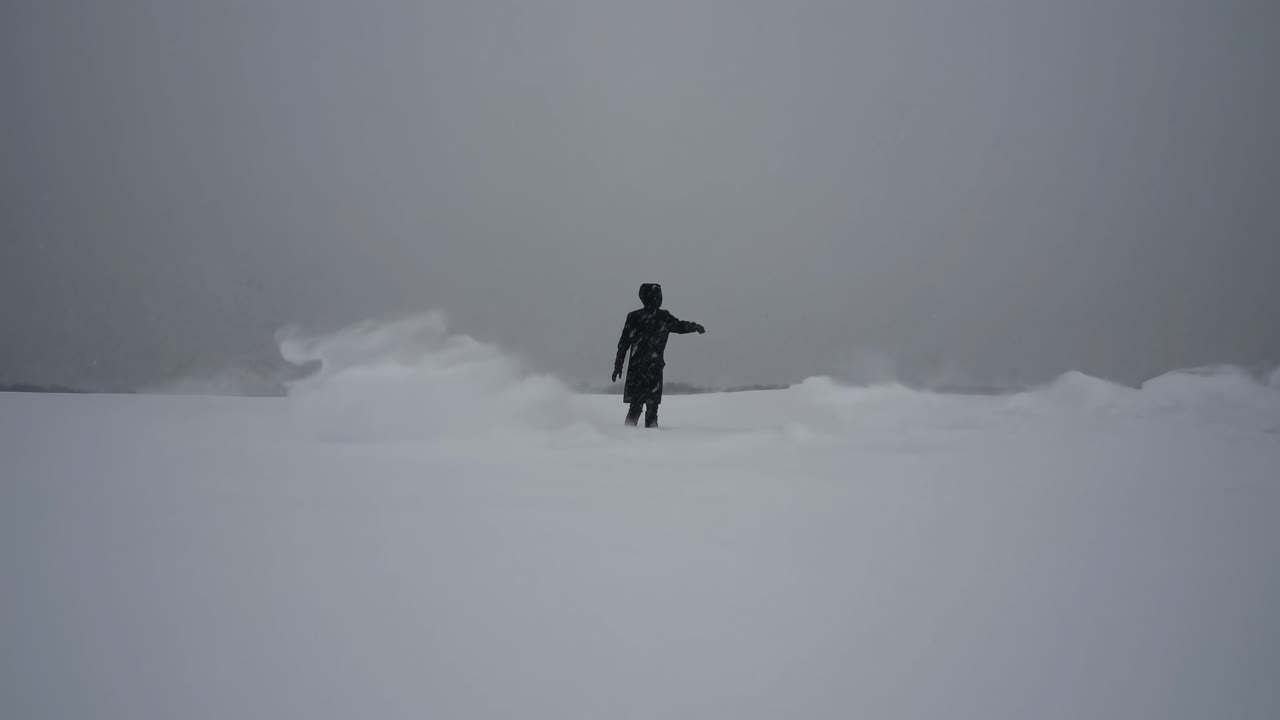 눈 인 바람은 황폐하고 색의 광활한 곳에서 외로운 탐험가를 쓸고, 자연의 원시적인 힘과 인간의 탄력성을 매혹적으로 보여줍니다.