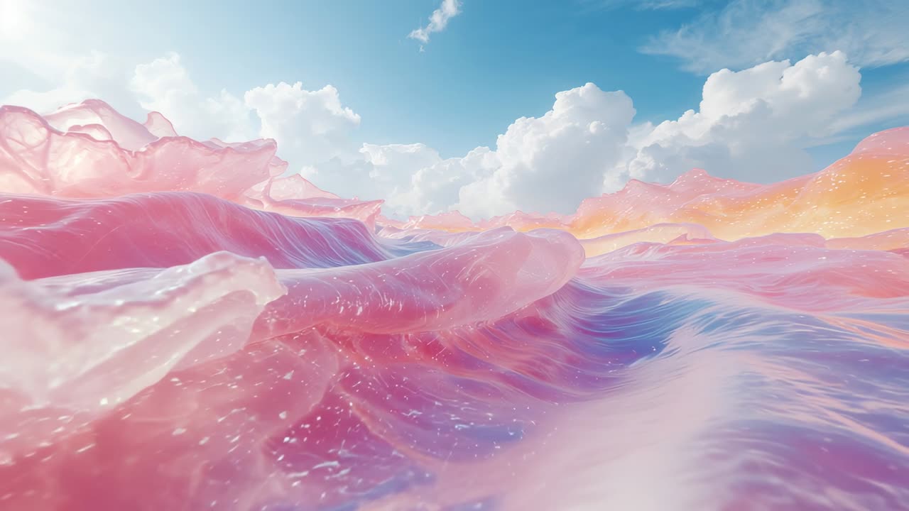 Camera gliding over pink ocean under sunlit clouds, revealing shimmering translucent wave