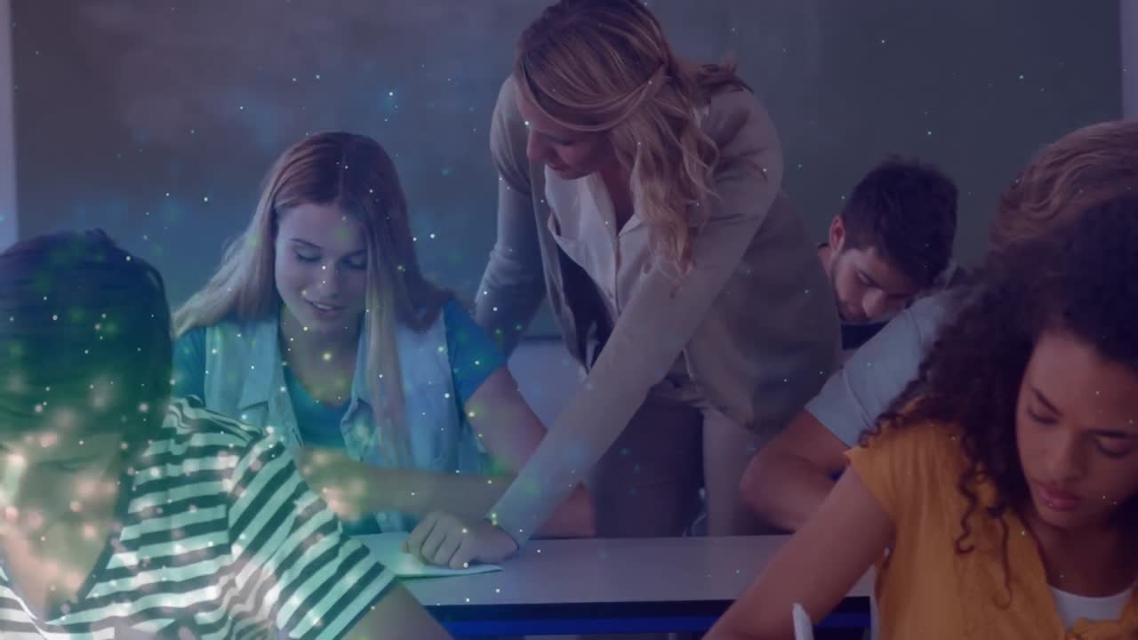 다양한 학생들을 가르치는 백인 여성 교사에 대한 빛의 점의 애니메이션