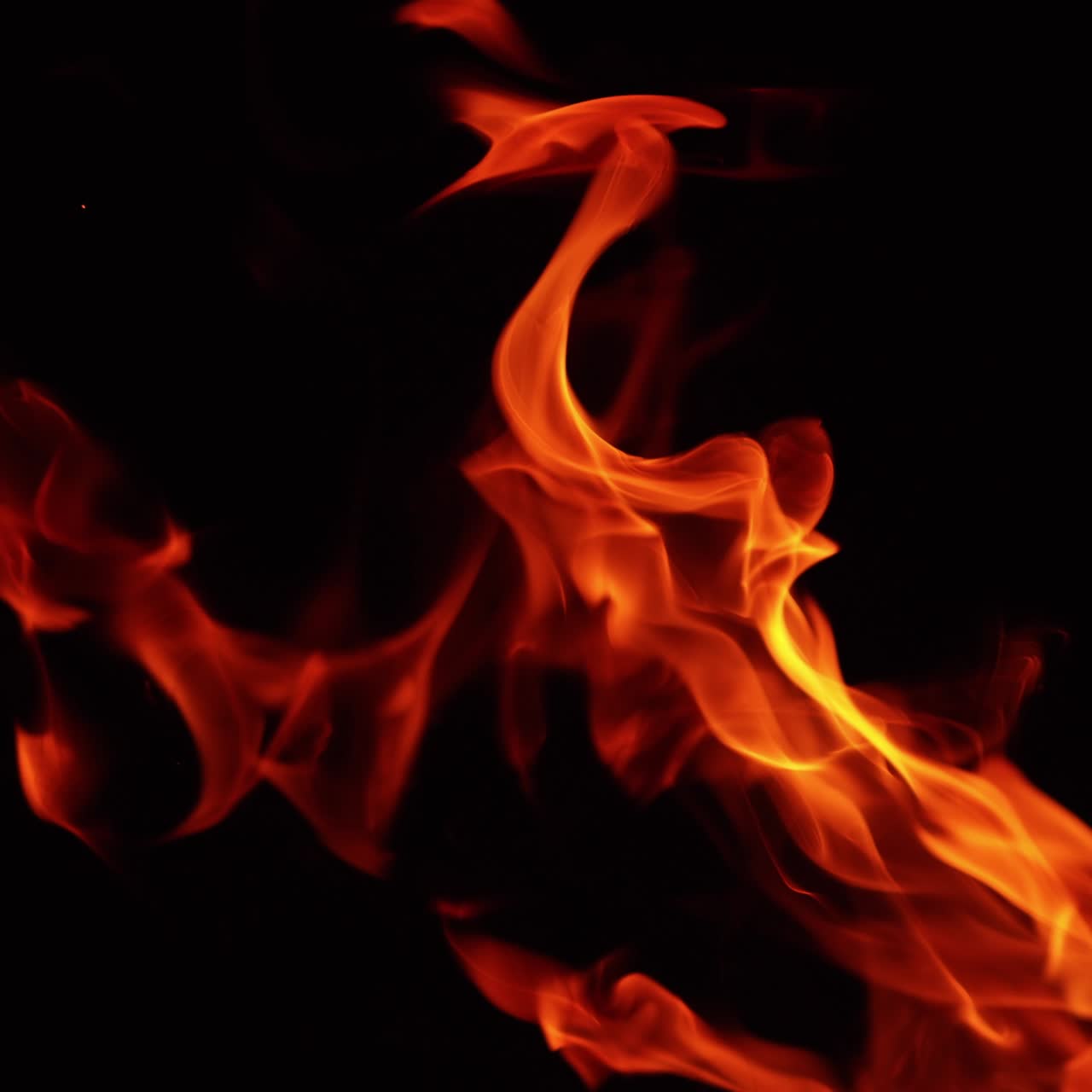 Flame of campfire leaning to the right. Wood burning in the darkness close up