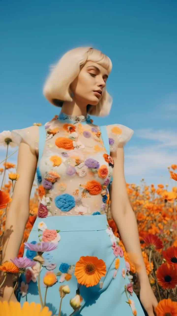 Fermo immagine vibrante di un video di una donna in un vestito floreale, ripreso da un'angolazione bassa in un colorato campo di fiori.