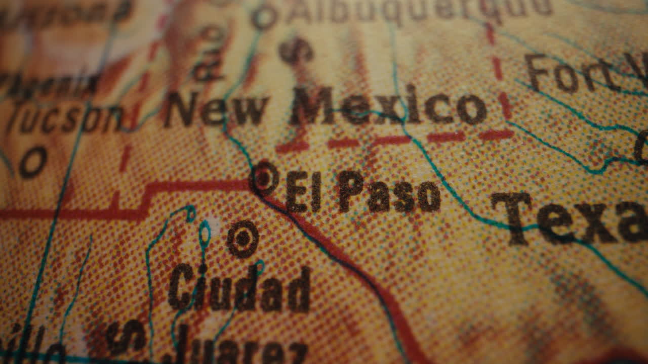 Close-up of a map showing El Paso, Texas, New Mexico, and surrounding areas.