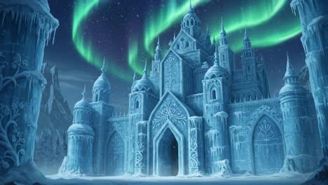 majestic ice castle under the northern lights: a stunning display of nature's wonders and artistic architecture captured in vibrant colors and detailed craftsmanship