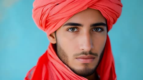 a man wearing a red turban looks at the camera