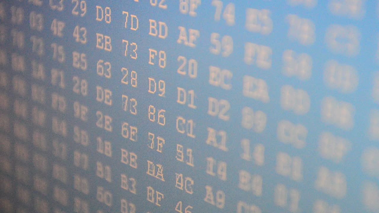 Code on a blue background. Digital coding. Hexadecimal program code on screen. Animated background of moving binary code numbers
