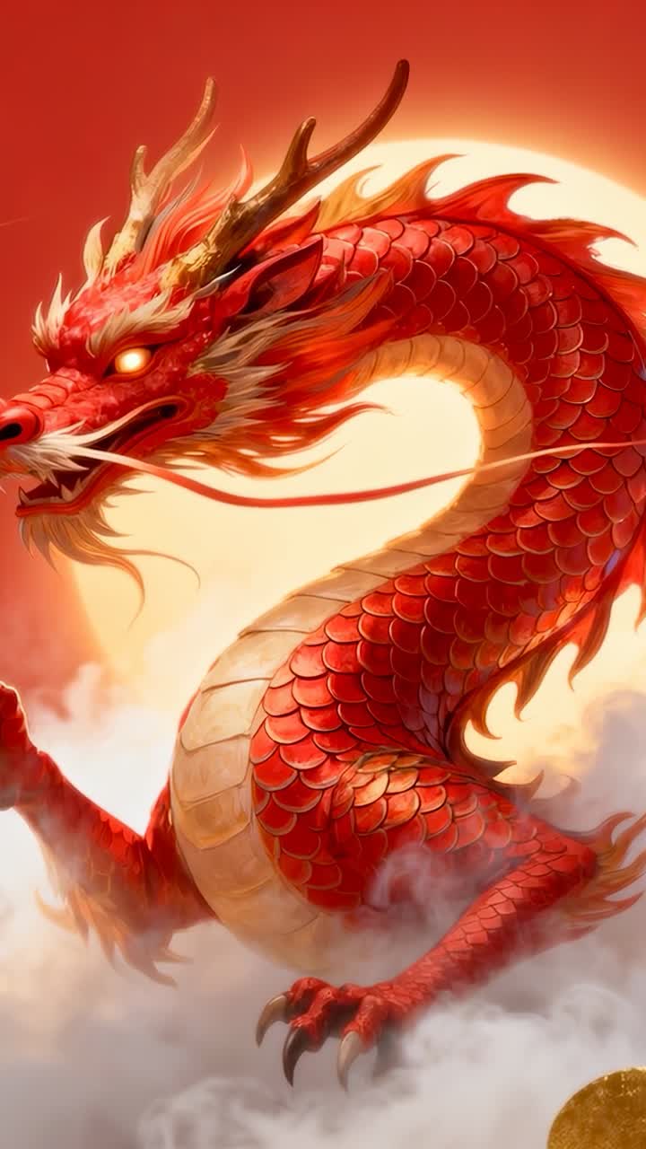 Vidéo verticale : Le dragon rouge dans le ciel réagit au soleil en arquant le cou et en relevant ses moustaches près de l’orbe doré