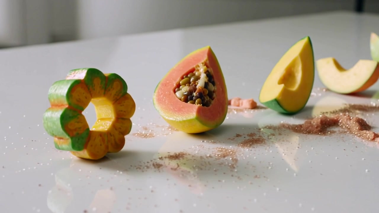 Avvio della riproduzione di pezzi di frutta luminosi che ruotano su un tavolo bianco lucido, rivelando i semi di papaya