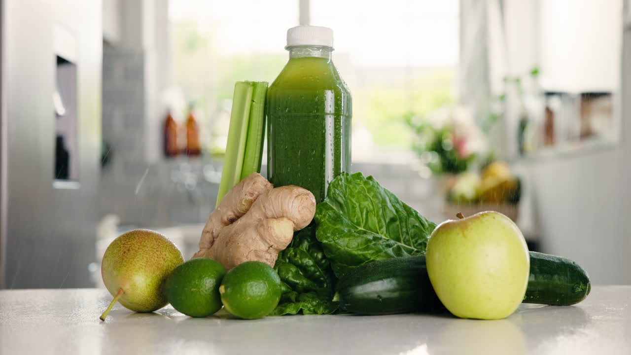 Succo verde salutare e ingredienti freschi sul piano di lavoro della cucina
