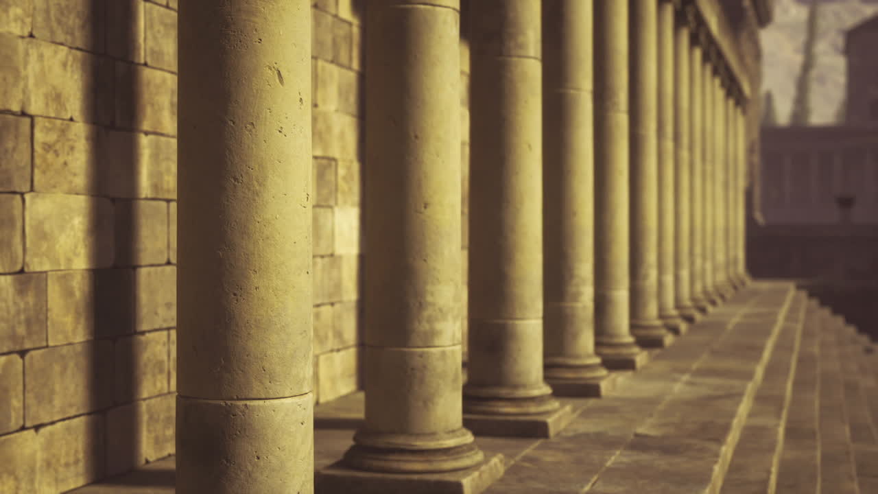 Portico classico illuminato dal sole, caratterizzato da pietre lavorate e una storia vivace.