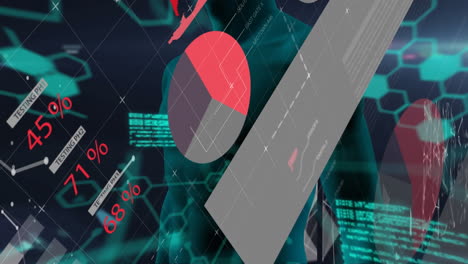 Animation of data processing over digital human on black background
