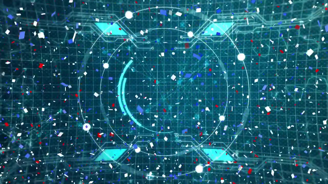 Dark grid initiating cyan arc, particles swirling, panels pulsing, rotating HUD showing data flow
