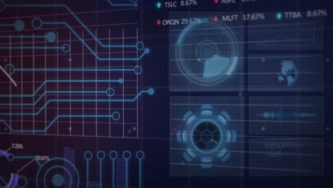 animación de la interfaz con conexiones de microprocesador, procesamiento de datos estadísticos y bursátiles.