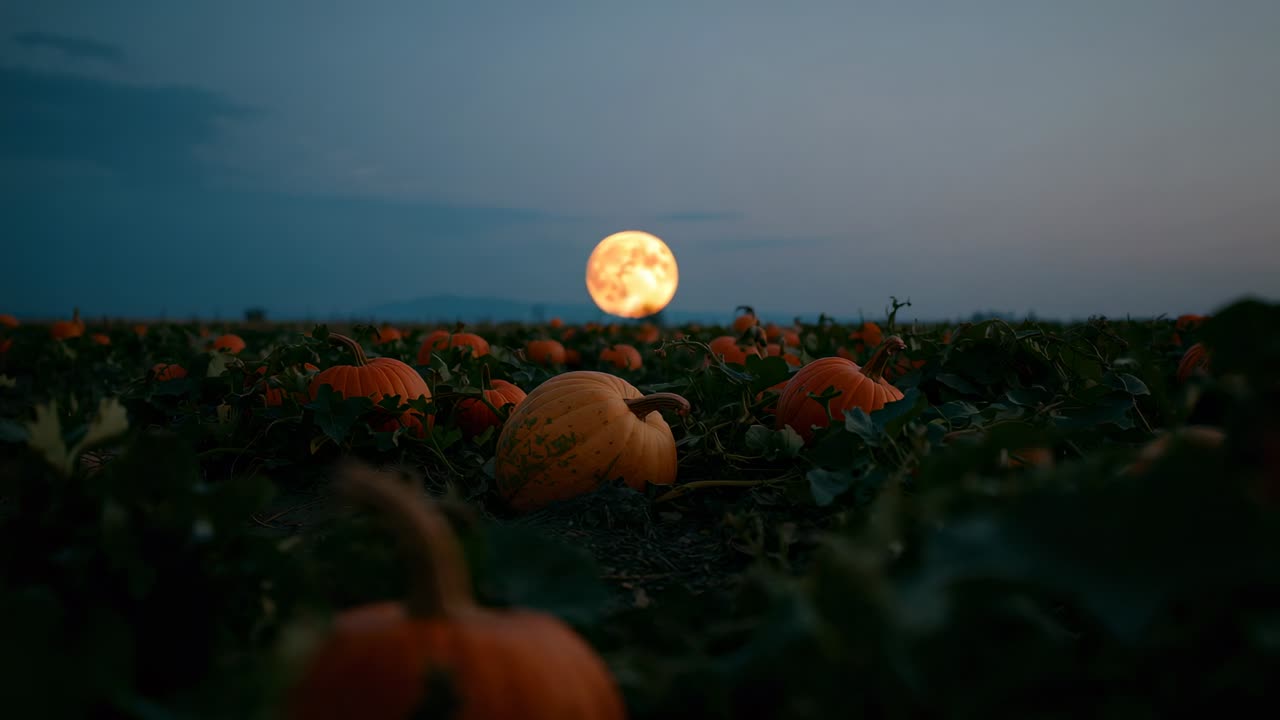 Sun descending in pumpkin patch at dusk, leading to rising moon outlining pumpkins and vine foliage