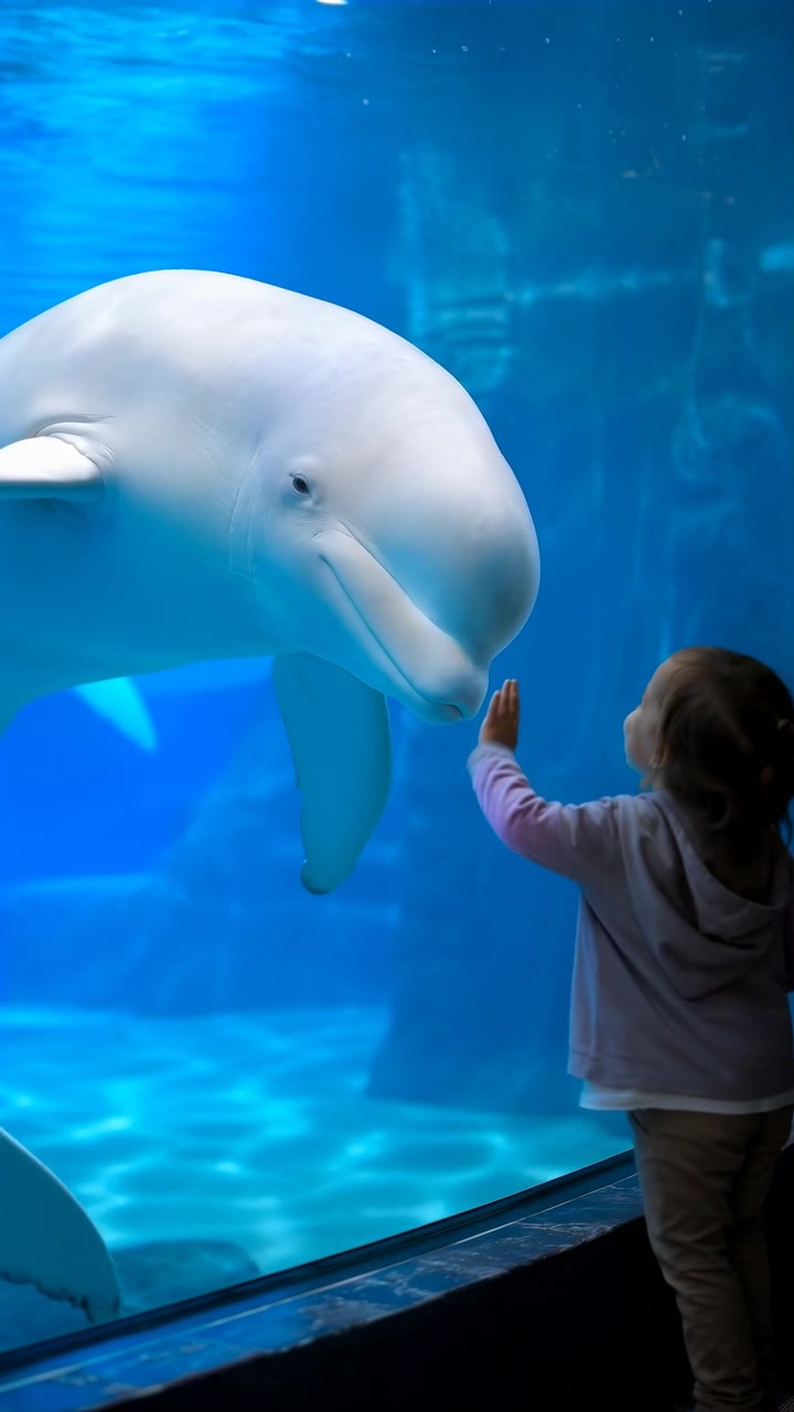 Bambino piccolo in piedi accanto al vetro di osservazione con la mano tesa verso una grande balena beluga, creando una calma interazione faccia a faccia all'interno di un luminoso spazio acquario con acqua blu, riflessi e luce soffusa