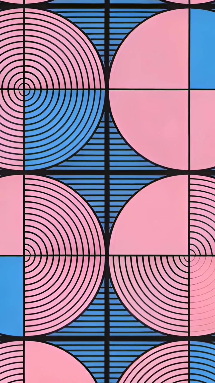 Vertical video: Starting camera panning upward revealing tiled mural on wall with pink blue arcs