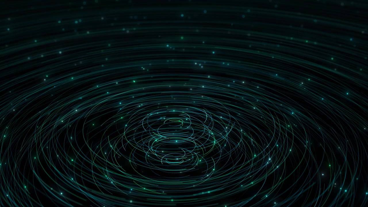 Teal spiral vortex particle background with glowing circular trails dark cosmic depth and flowing