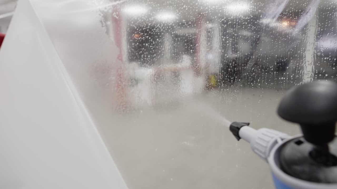 자동차에 적용하기 전에 액체 슬립 용액으로 플라스틱 페인트 보호 필름을 분사하는 클로즈업