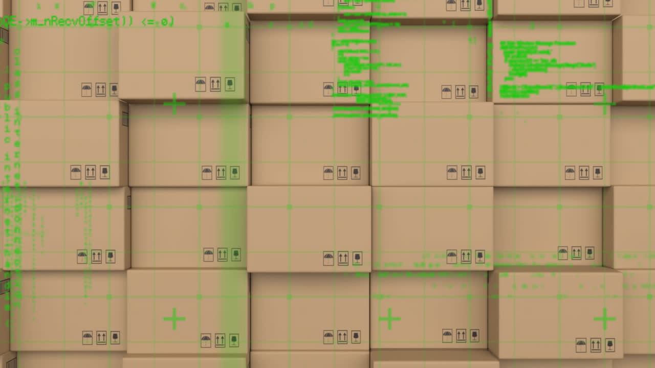 배경의 상자 스택에 대항하여 그리드 네트워크를 통해 데이터 처리