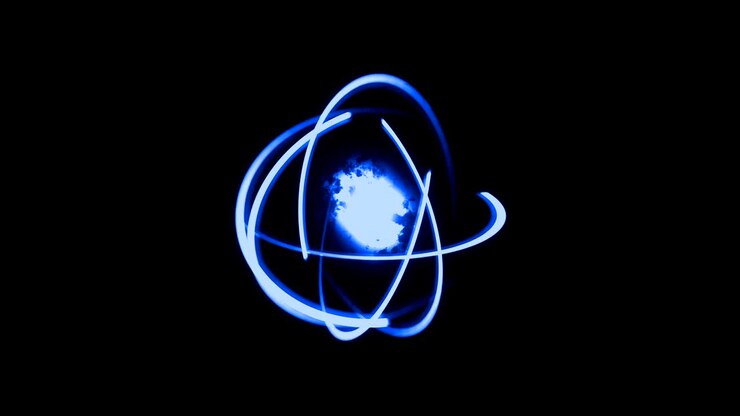 3d render atom, luminous nuclear model, molecule structure with trace atoms and electrons. Physics backdrop