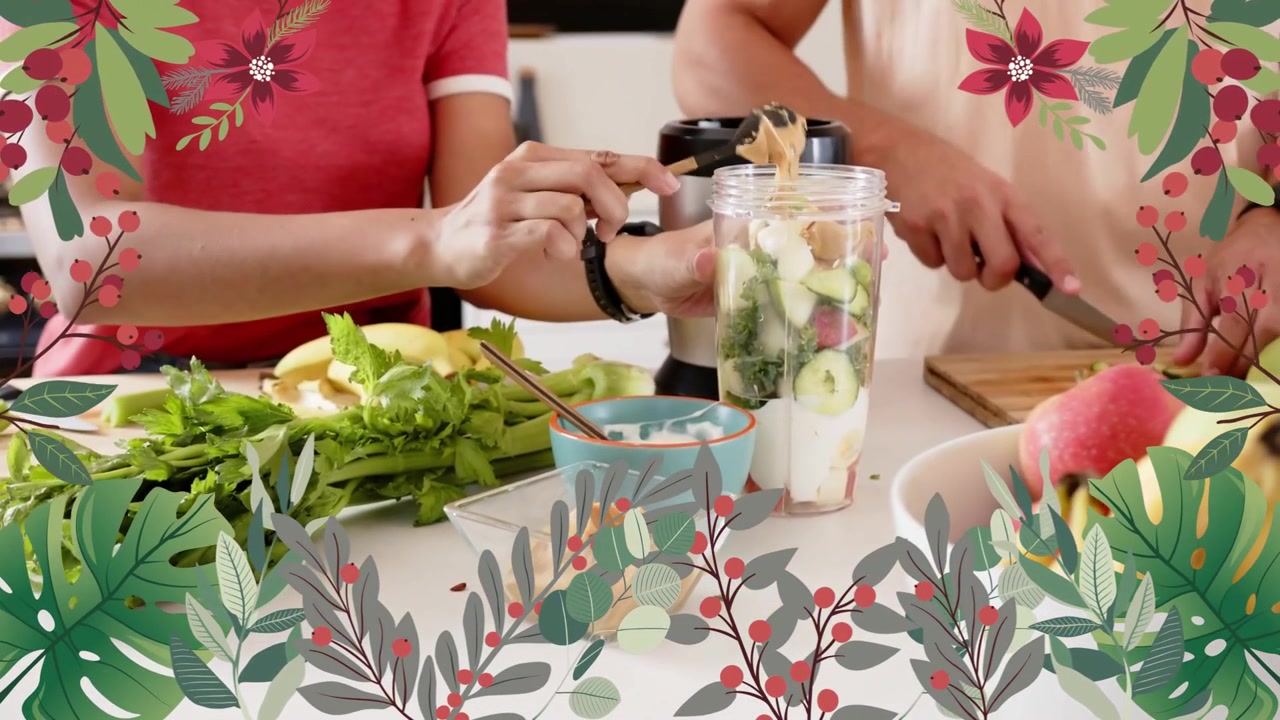 Video vertical: Mujer cortando verduras, hombre rebanando fruta, llenando una taza para la salud; con un marco floral.