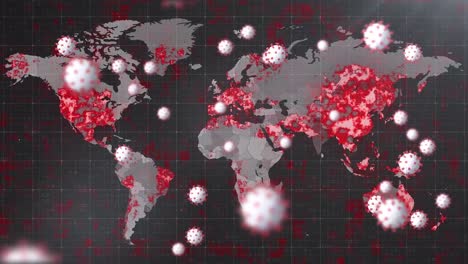 animación de células de virus que giran sobre el mapa del mundo en llamas