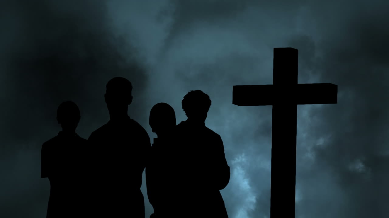 구름 과 십자가 위 에 있는 사람 들 의 실루 ⁇  의 애니메이션