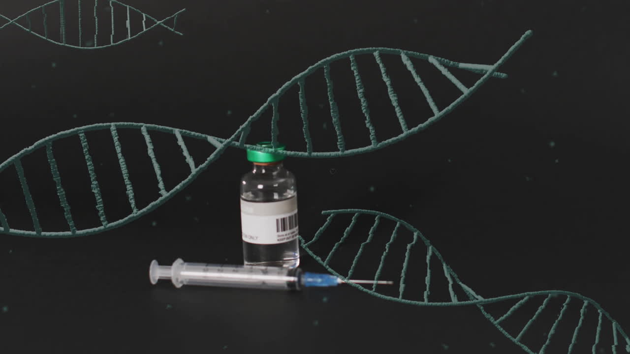 Animation of dna strands over vial and syringe on black background