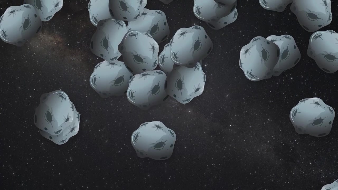 Animated gray rocky asteroids tumble and fall across a dark starry background in deep space.