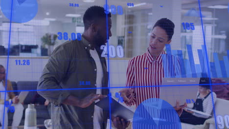 animation of data processing and diagrams over diverse colleagues discussing work