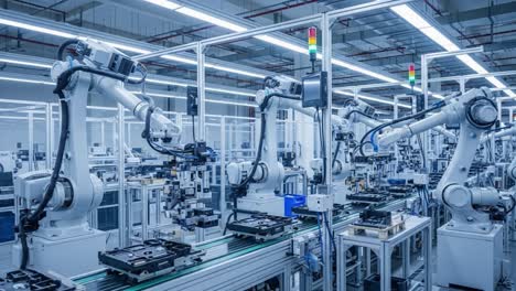 a cutting-edge automated robotics assembly line, showcasing advanced manufacturing techniques with multiple robotic arms and precision engineering in an industrial environment