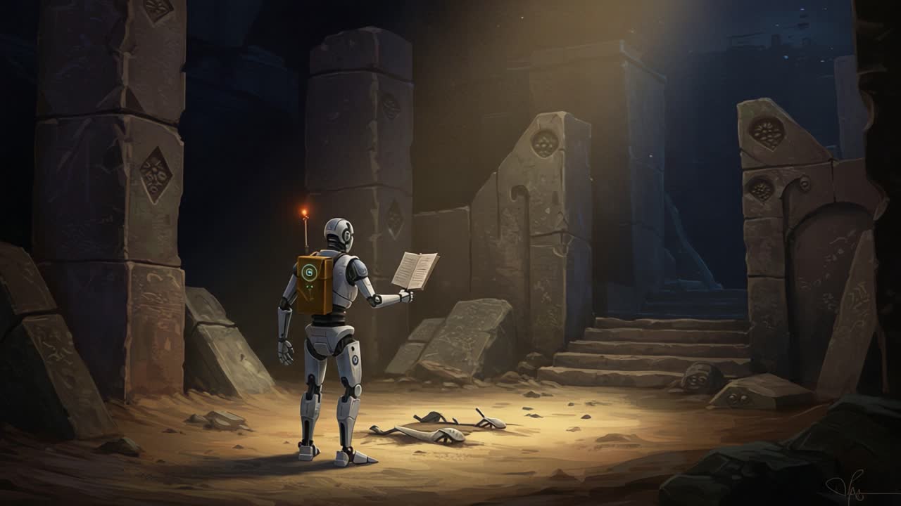 A robotic explorer stands in an ancient underground ruins, captivated by a mysterious book, surrounded by stone pillars and remnants of a lost civilization, illuminated by soft light