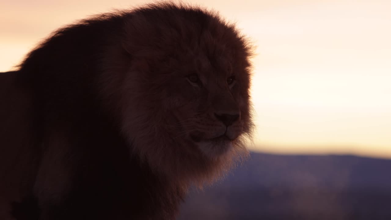 el león toma un gran aliento en el amanecer slomo