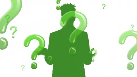 Animation-of-silhouette-of-businessman-talking-with-question-marks-on-white-background