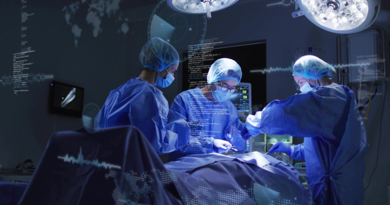 Lægeteam bekræfter vitale funktioner og påbegynder indsnit for patientsikkerhed, med flydende datagrafer.