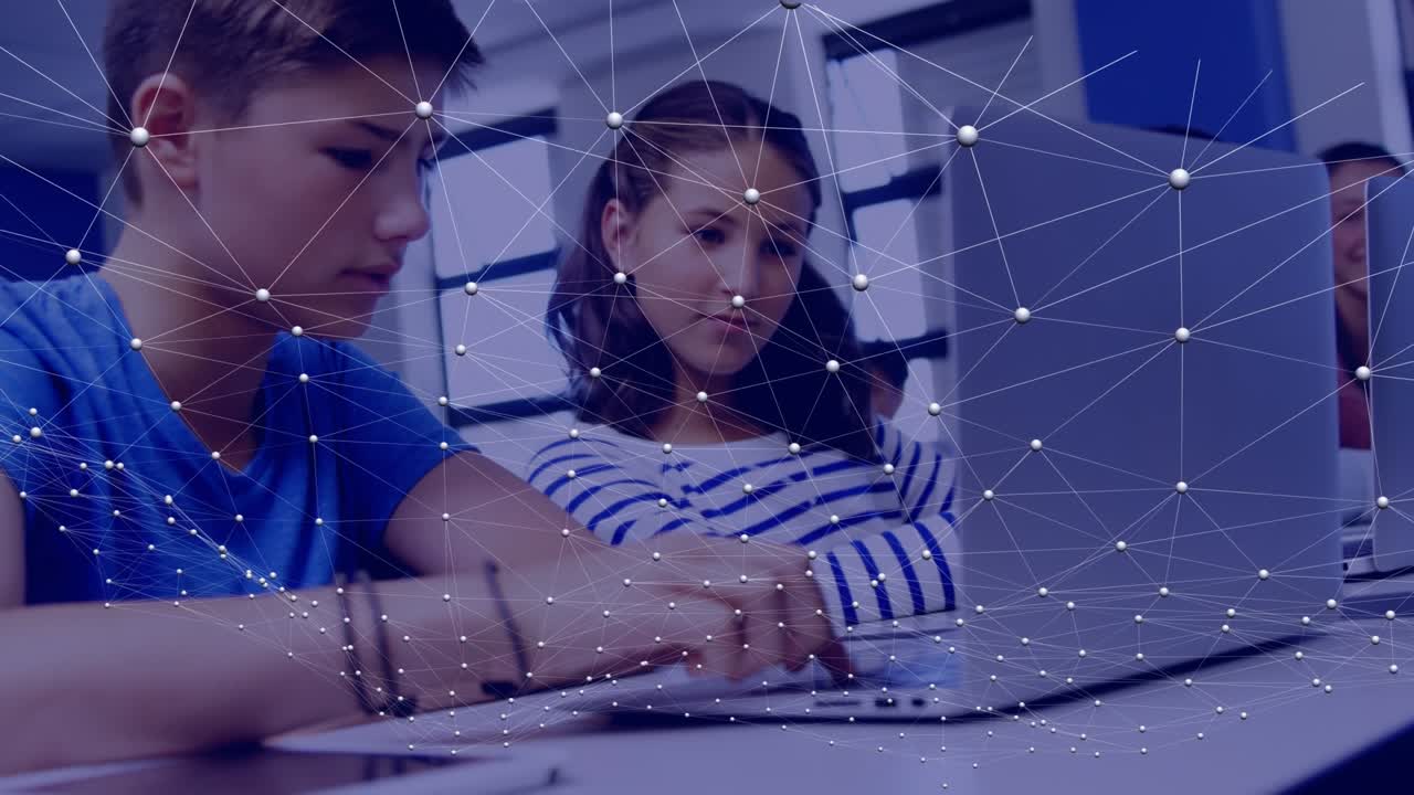 Network of connections over caucasian girl and boy using laptop at school