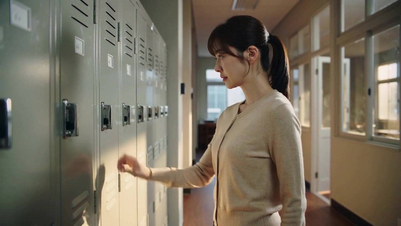 Reaching woman wearing cardigan opening locker to retrieve folder at school corridor, copy space