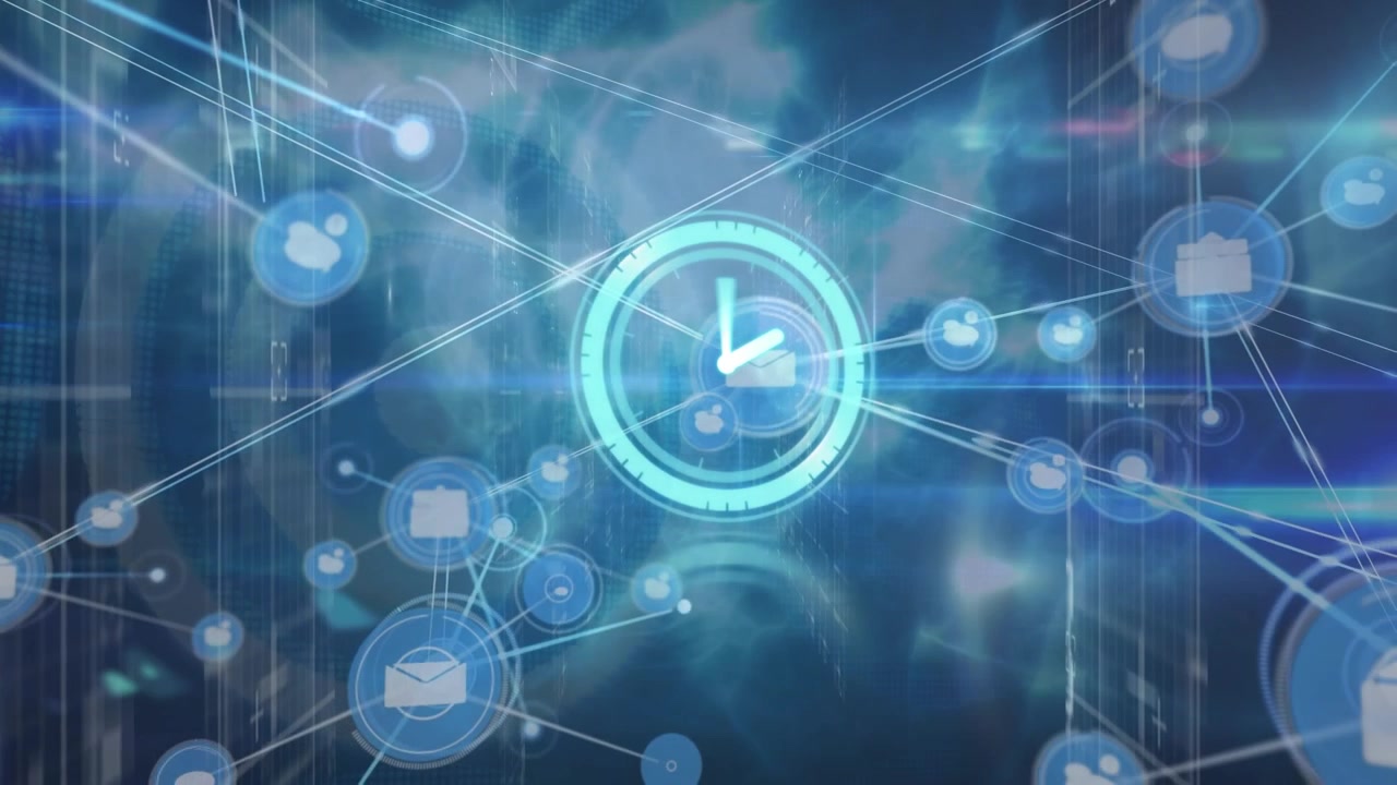 Animation of moving clock over network of connections with icons on black background