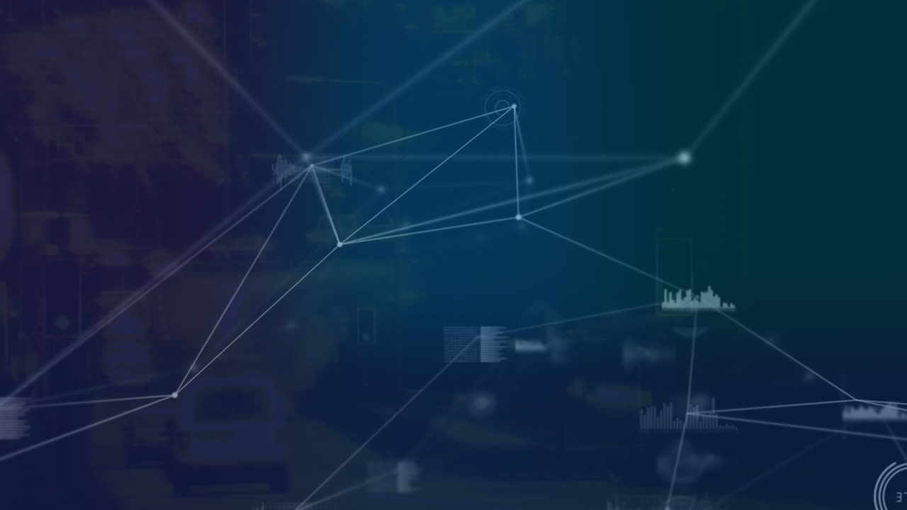 animación de la red de conexiones y procesamiento de datos sobre fondo azul