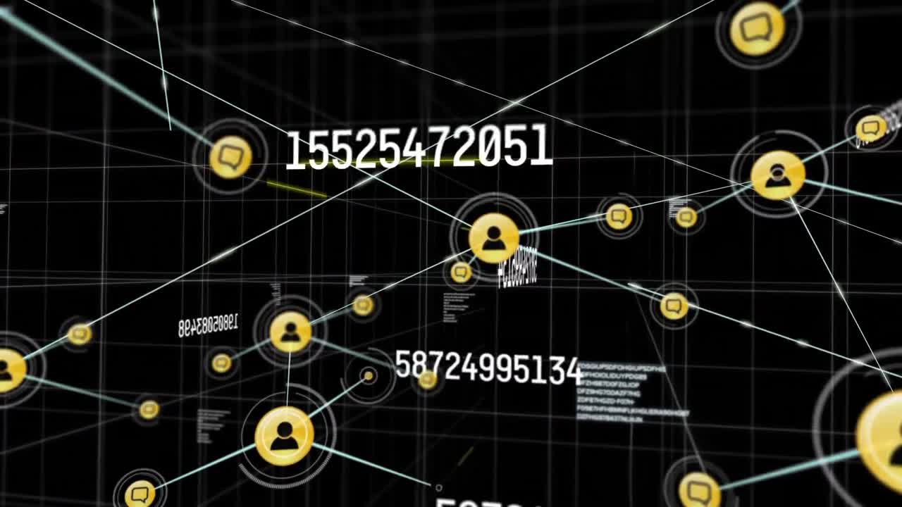 검은색 배경에 과학 데이터 처리에 대한 연결 웹과 아이콘의 애니메이션