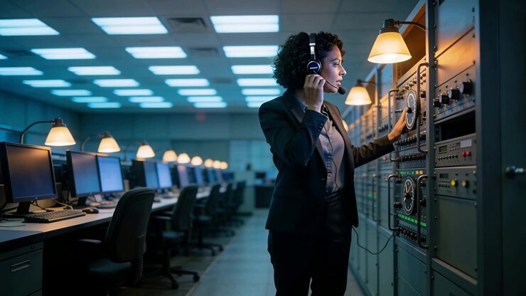 Hearing headset call tech in suit jacket calibrating rack checking desks in control room