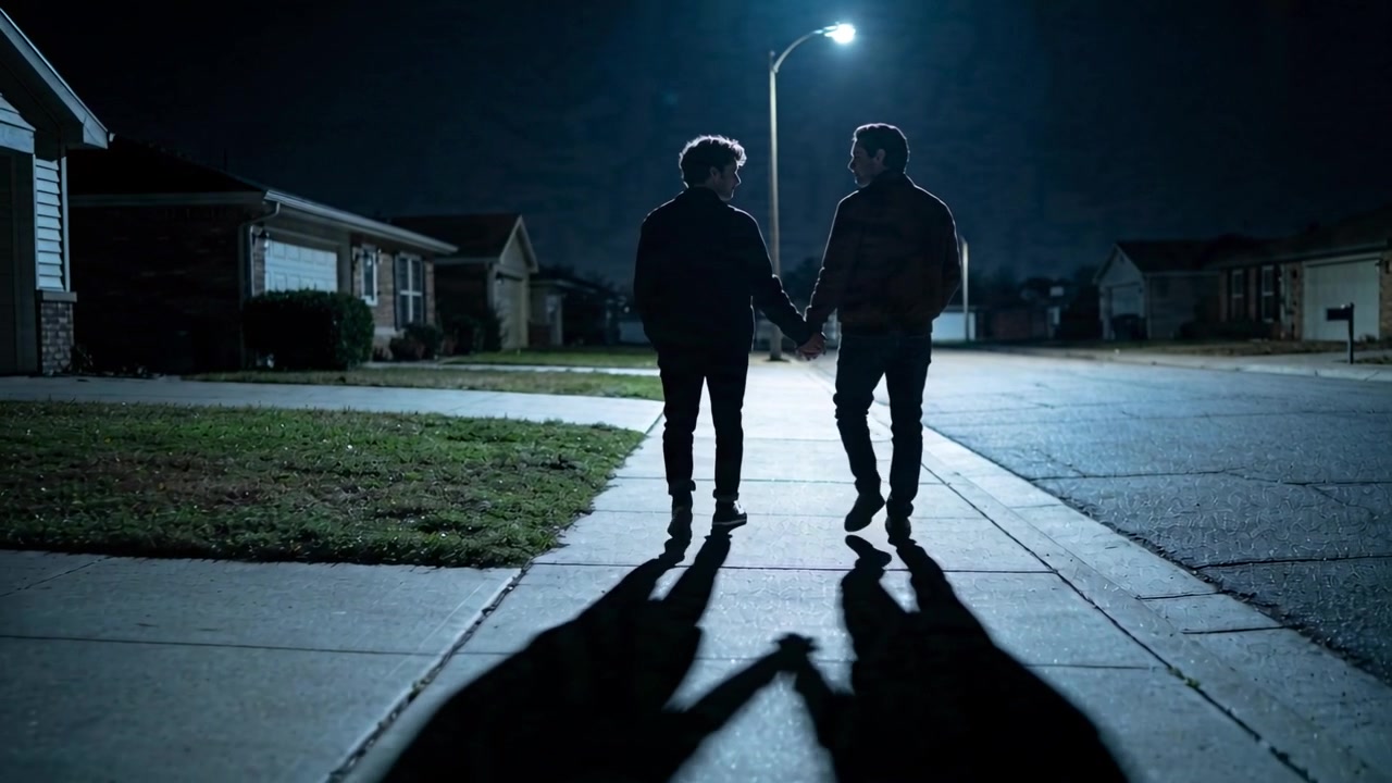 Walking couple in dark jackets holding hands on suburban sidewalk at night, moving to streetlight